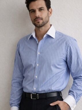 Ermenegildo Zegna Vintagr Blue Pinstripe Dress Shirt White Contrast Collar Forma